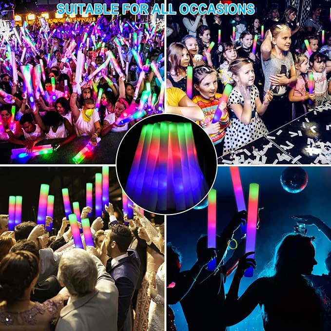 EXCECAR 70PCS Foam Glow Sticks, LED Light Up Foam Sticks with 3 Modes Flashin...