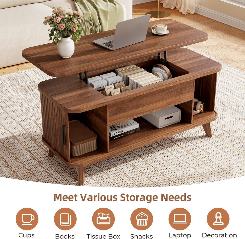 39.4" Mid Century Modern Lift Top Coffee Table, Wooden Fluted Coffee Tab...