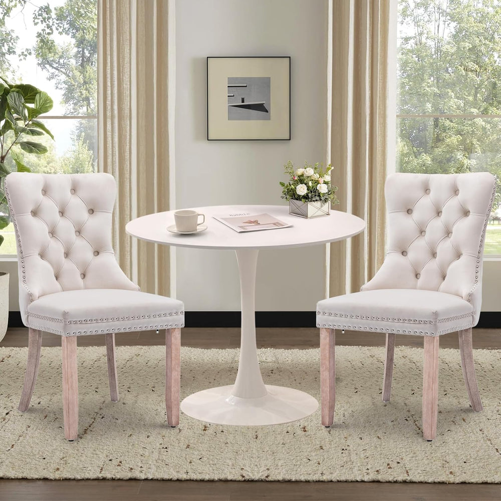 3-Piece Round Dining Table Set for 2,31.5" White Table & 2 Beige Vel...