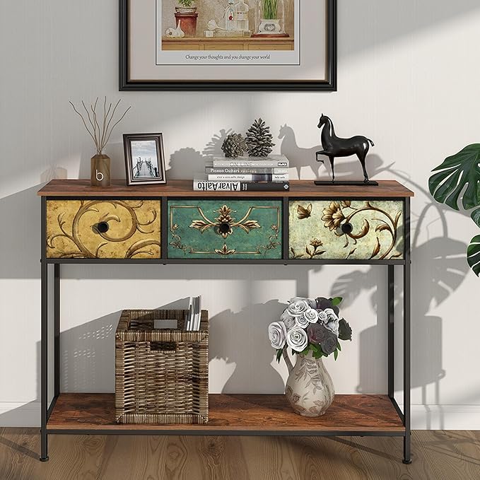 Tohomeor Entryway Console Table with 3 Retro Flowers Fabric Drawers Boho Narr...