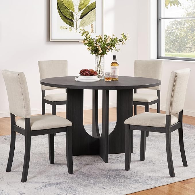 KEIKI 5-Piece Standard Height Dining Table Set with Round Table and 4 Upholst...