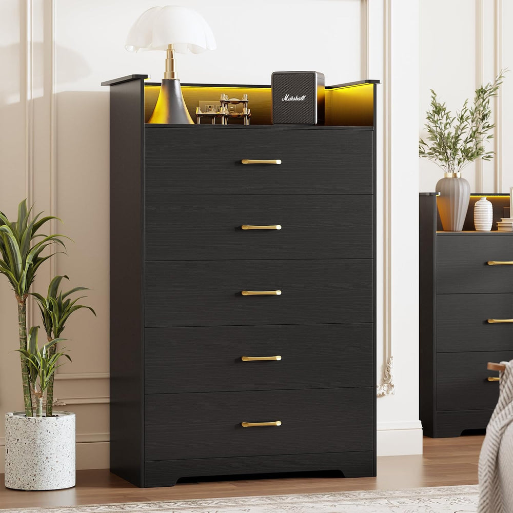 Garvee 5 Drawer Dresser with LED Light and Charging Station, Black