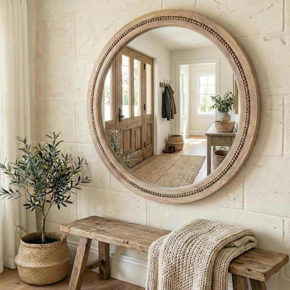 Solid Wood 36 Inch Round Beaded Wall Decor Mirror, Natural Wood