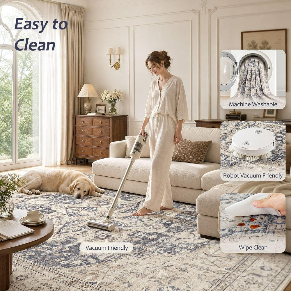Tortania Area Rug 10x14 Living Room Rug Washable Soft Cream/Blue
