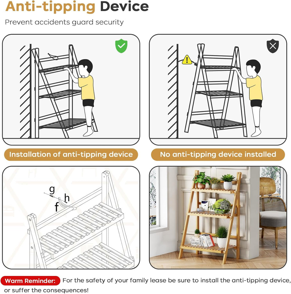 Foldable Ladder Shelf 39.4", Plant Shelf 3 Tier, Bamboo Ladder Flower Po...