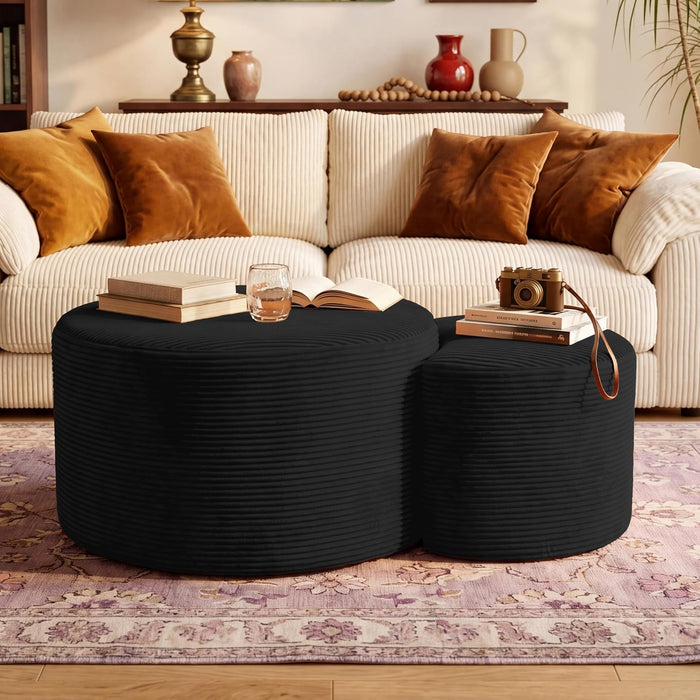 BSHOMGI Boneless Ottoman Nesting Coffee Table Set of 2,Corduroy Soft Foot Rest Movable Large Pouf Footstool for Living Room Sofa Couch Bedroom Entryway and Small Spaces No Assembly (Black)