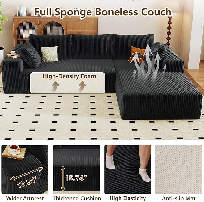 96" Modular Sectional Couch, Boneless L Shaped Cloud Sofa with Chaise Lo...