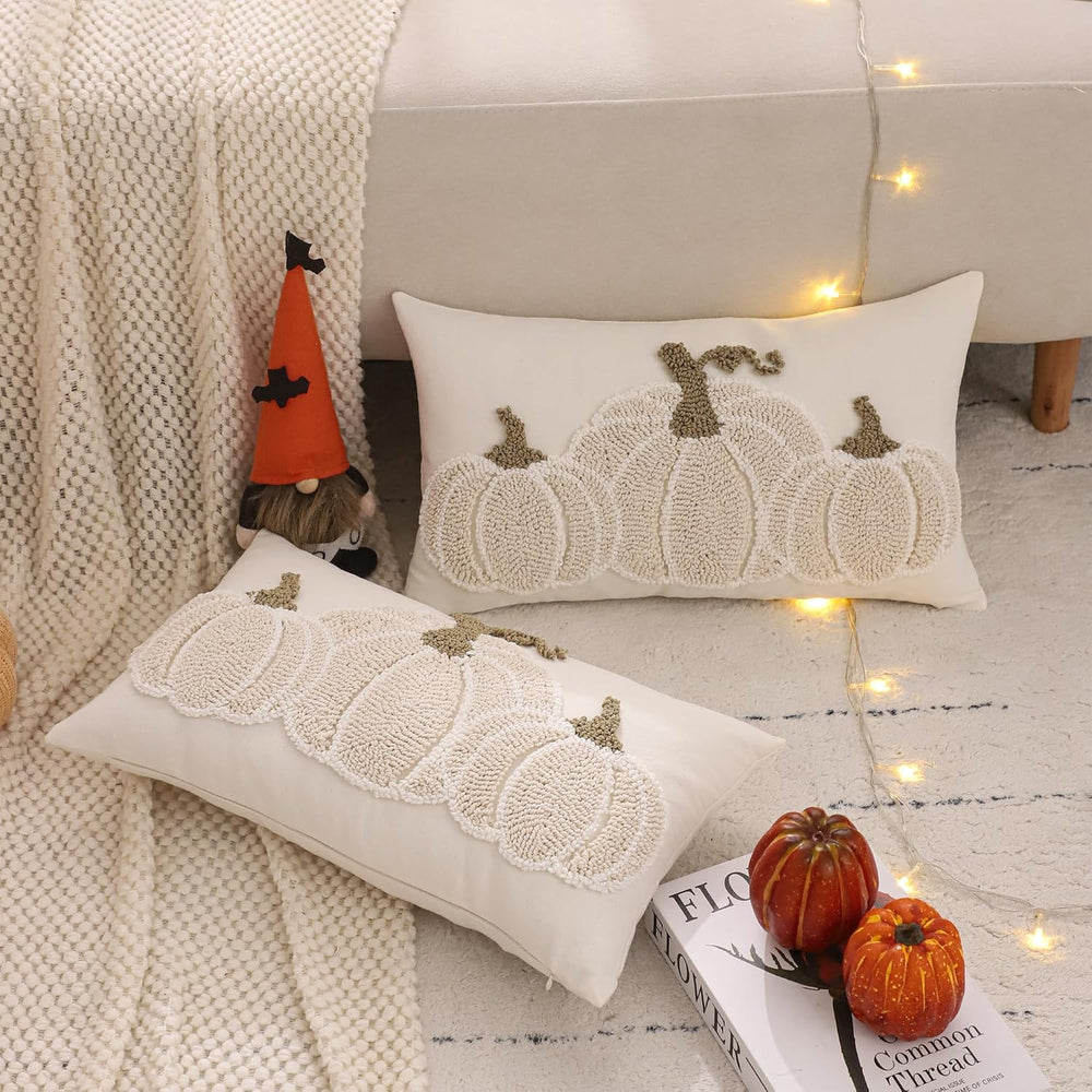 Fall Thanksgiving Pillow Covers 12x20 inch Set of 2 Beige Pumpkin