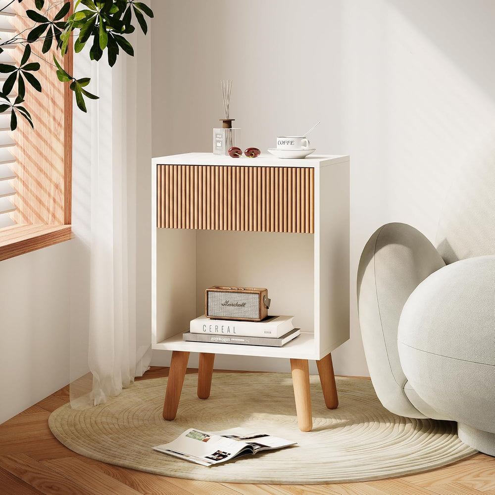Fluted Nightstand, Modern Bedside Table with Storage Drawers and Open Wood Sh...
