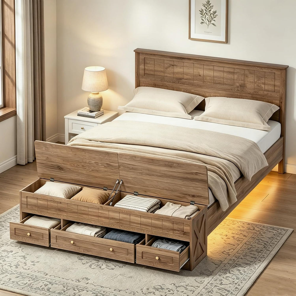 Farmhouse Queen Bed Frame with Headboard and Storage Bench (Rustic Brown)