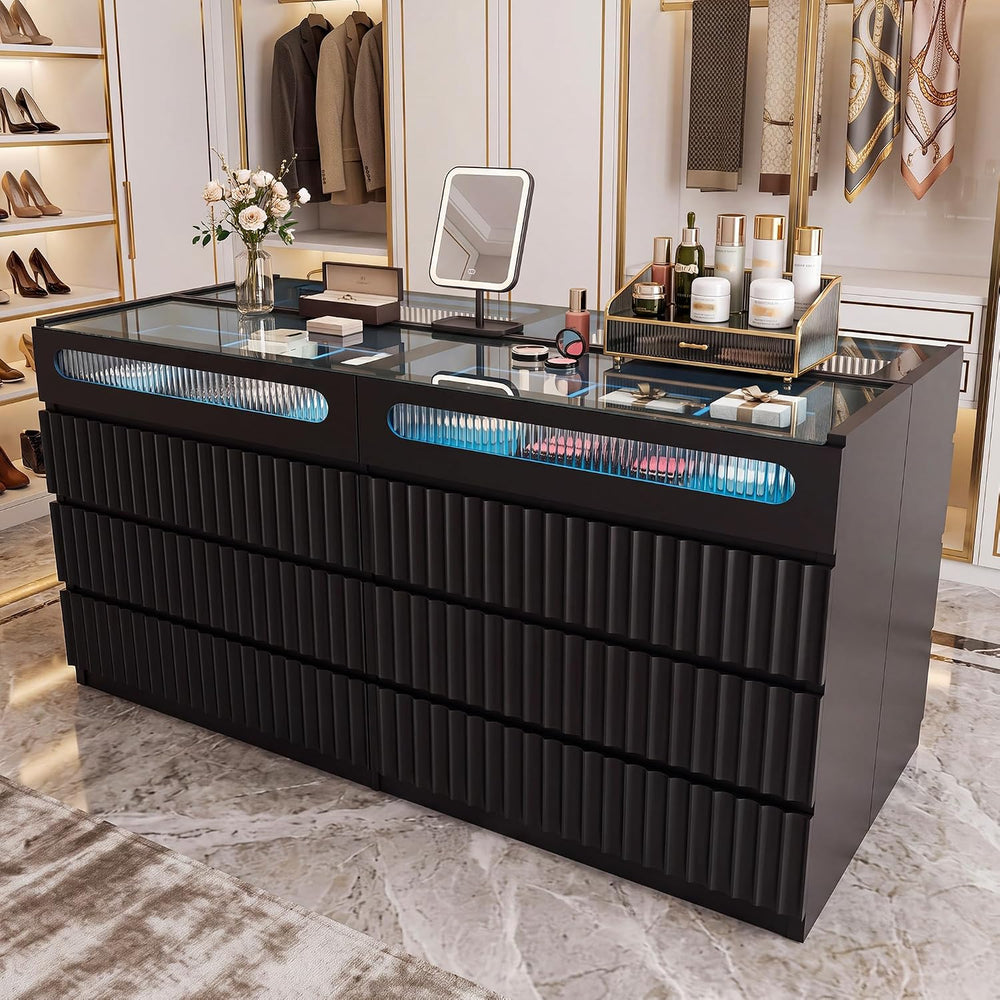 Modern 16 Drawer Wardrobe Armoire,Fluted Island Dresser Bedroom,Black