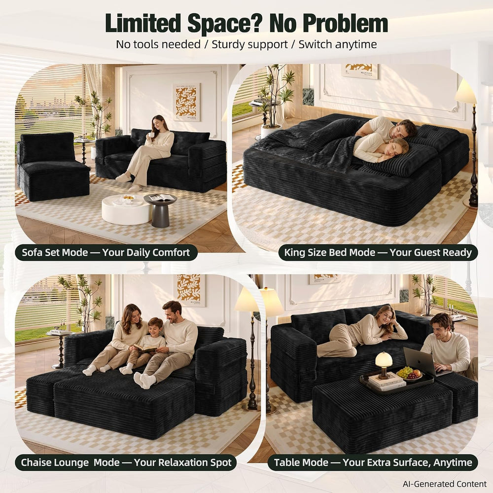 80'' Futon Sofa Bed King Size, Corduroy Boneless Couch Chaise, Black