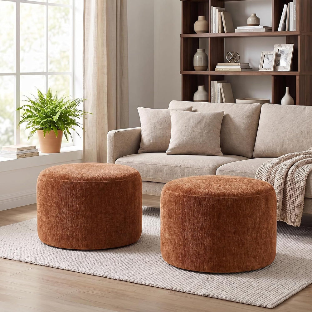 Upholstered Round Pouf Ottoman, Modern Footstool, Orange-Brown