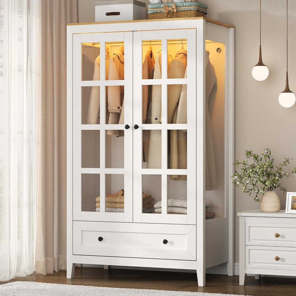 Gyfimoie Armoire Wardrobe Closet with LED Lights, 55'' Modern Clothin...