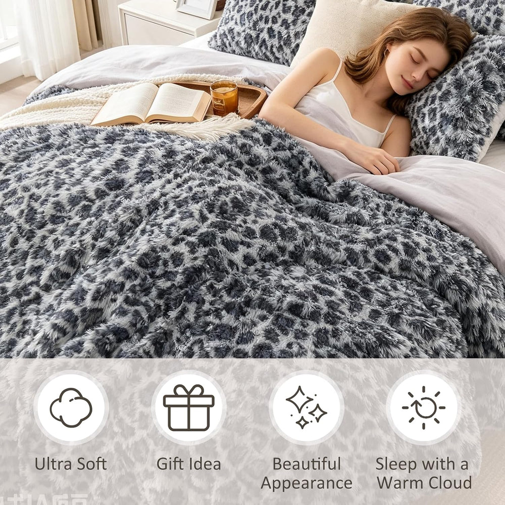 EMME Faux Fur Comforter Sets King Size Grey Leopard Soft Fluffy Bedding
