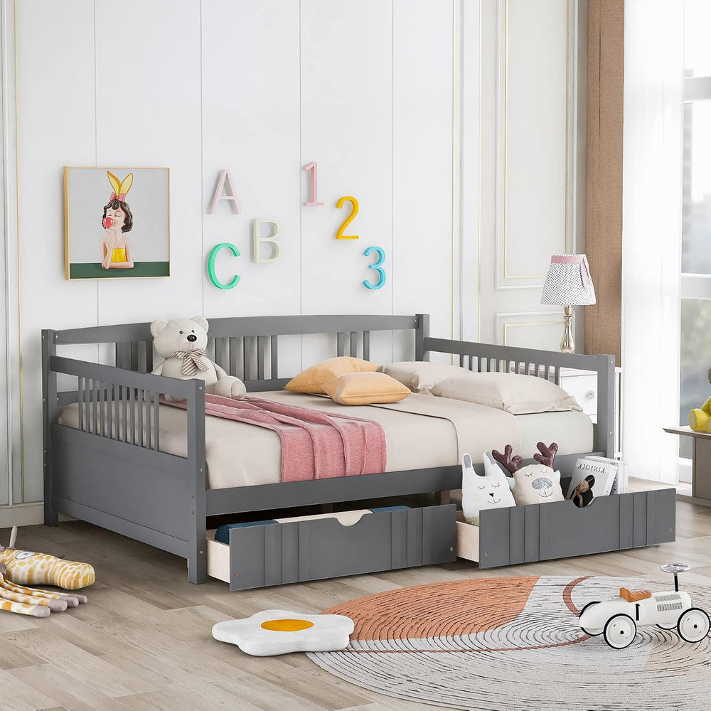 Full Size Wooden Daybed with Two Storage Drawers and 10 Wooden Slats Support,...