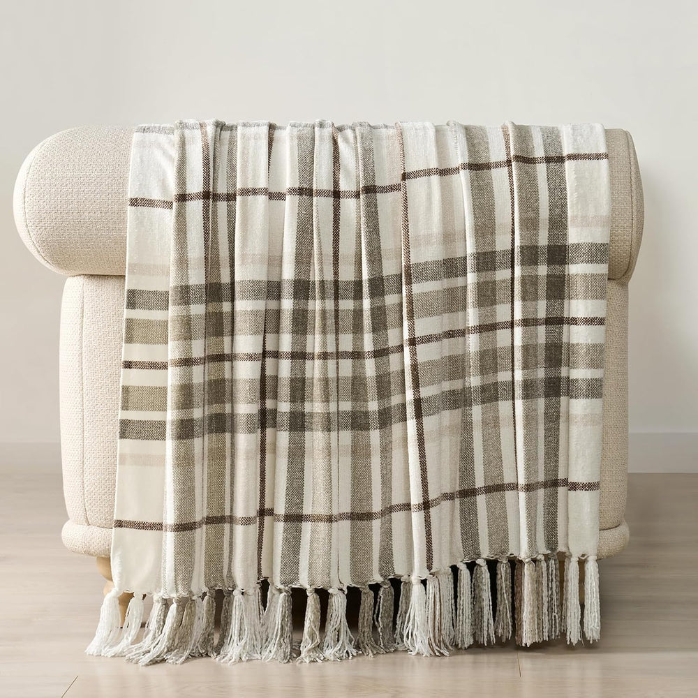EverGrace Plaid Chenille Knit Throw Blanket for Couch, 50"x60", Beige