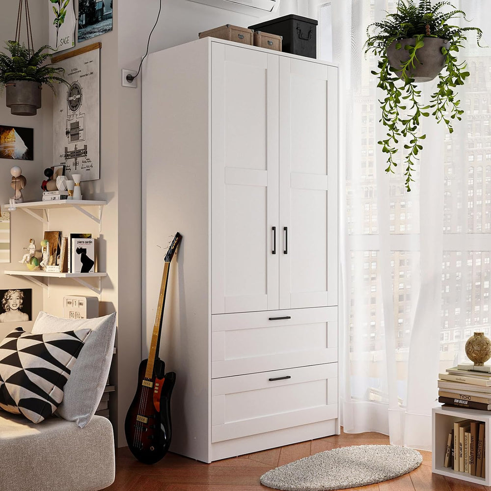 Fenghua Lizhi Wood White Wardrobe Closet with 2 Doors and 2 Drawers,Bedroom F...