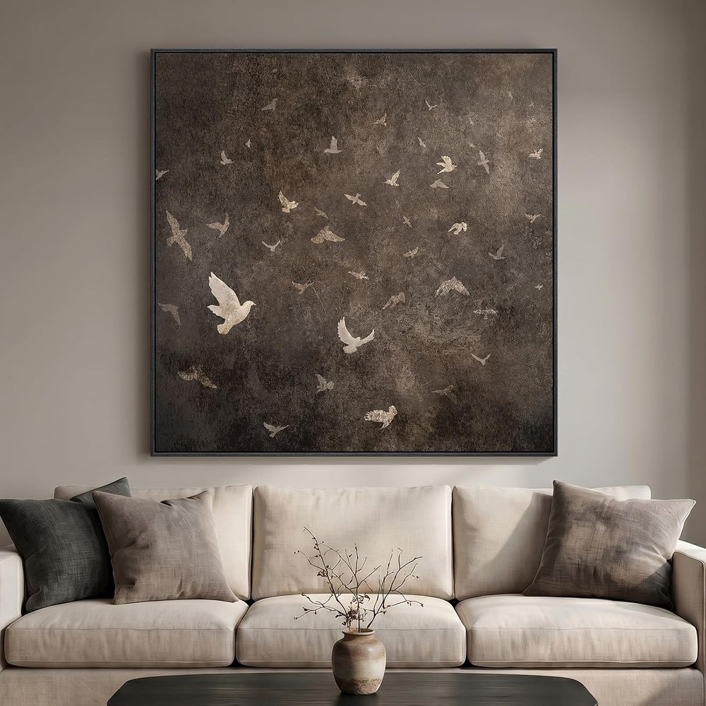 Extra Large Framed Vintage Bird Brown Wall Art for Living Room, Square