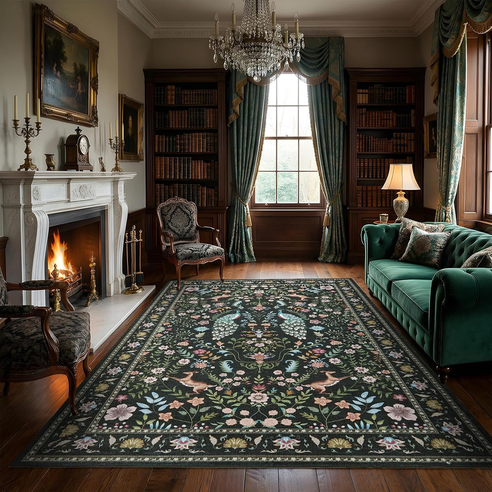 Garvee Area Rug 10x13 Washable Rugs for Living Room Floral Peacock Printed