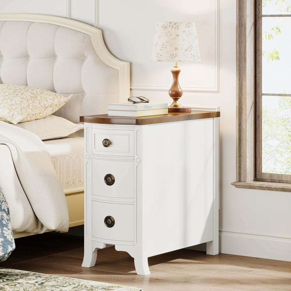 Farmhouse Solid Wood End Table, 3-Drawer Narrow Side Table Slim Chair Table f...