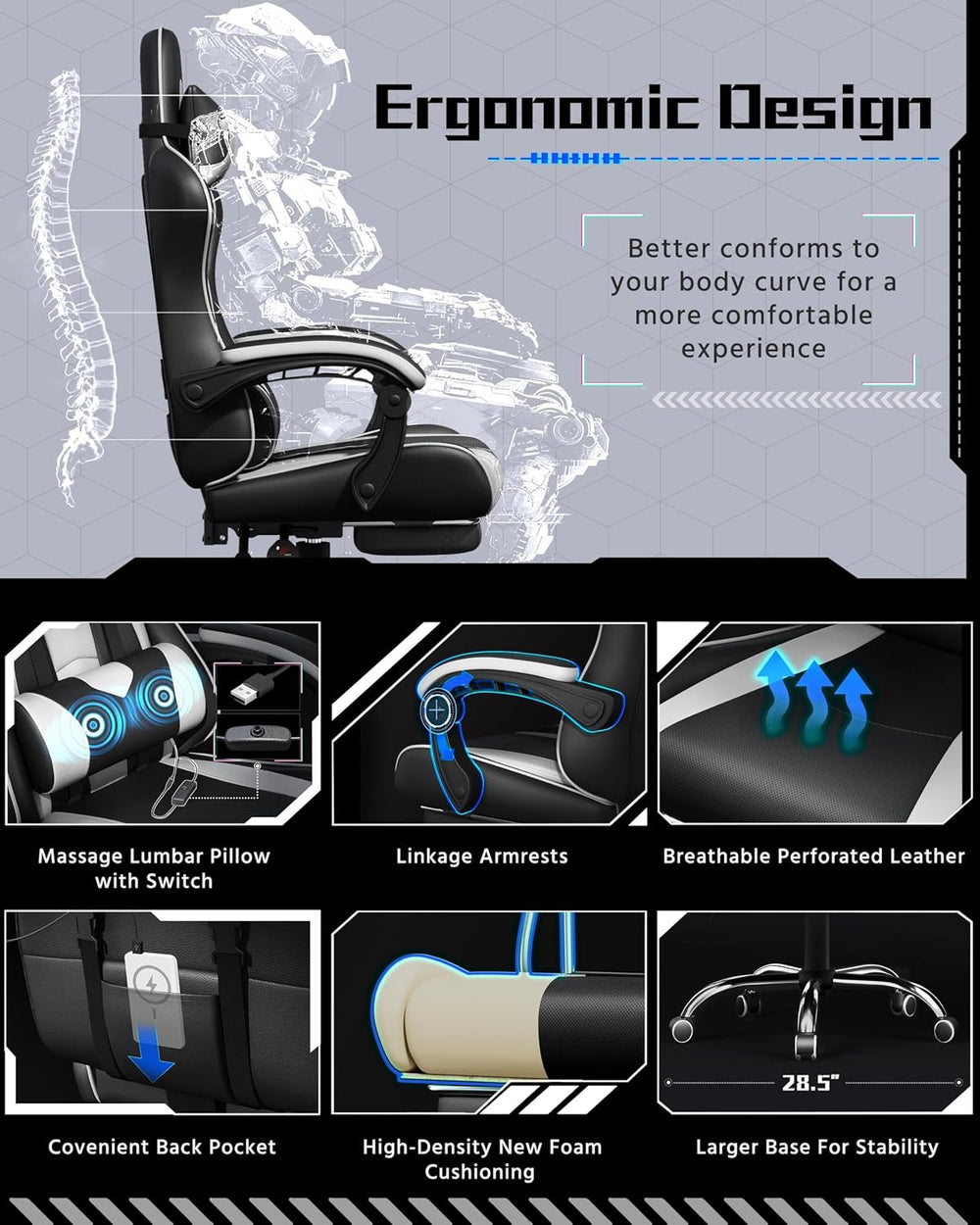 Yaheetech Gaming Chair with Footrest Massage Lumbar Pillow Black and White