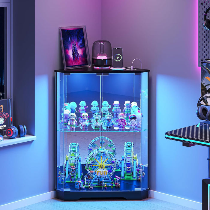 Dystler Corner Display Cabinet with Glass Doors, Small Display Case with 3-Color LED Lights and Charging Station, 2-Tier Curio Cabinet with Storage and Shelf, Black