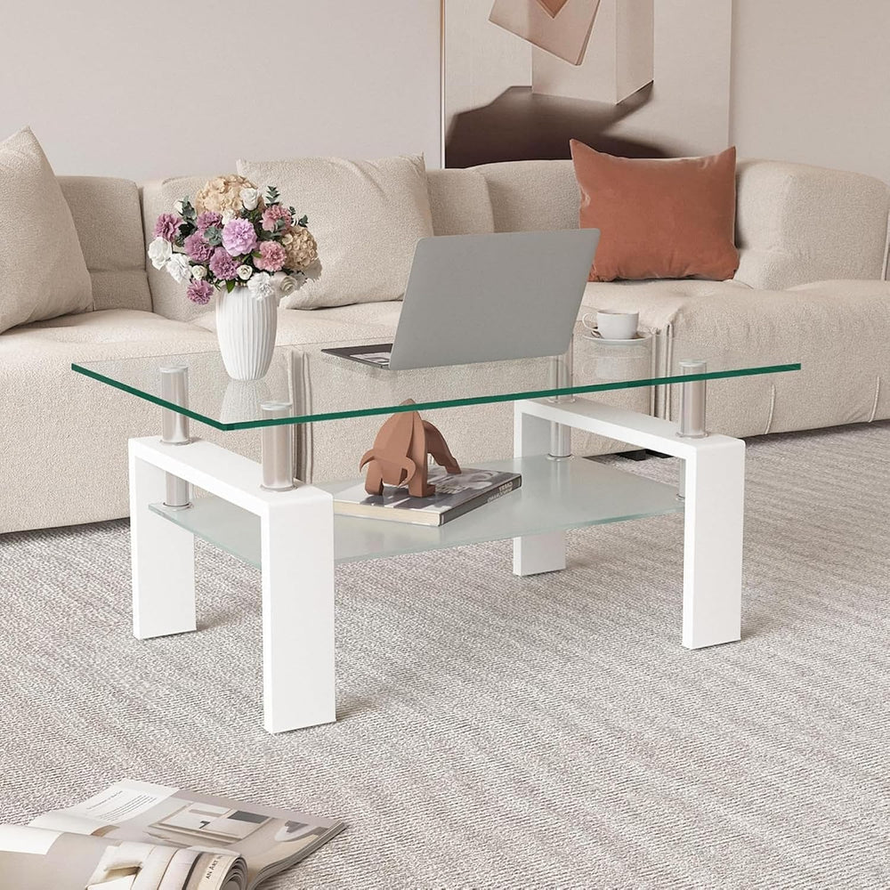 Glass Coffee Table for Living Room, Modern Coffee Table with Transparent Temp...