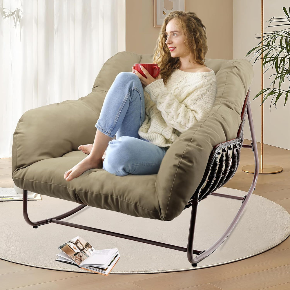 Outdoor Papasan Rocking Chair, Oversized Patio Rocking Chairs with Padded Cus...