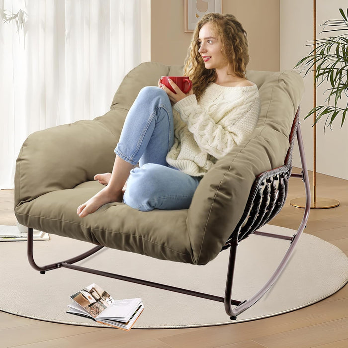 Outdoor Papasan Rocking Chair, Oversized Patio Rocking Chairs with Padded Cushion& Pillow-Comfortable Rocker Egg Chair for Front Porch, Garden, Patio, Backyard,1PC,Khaki