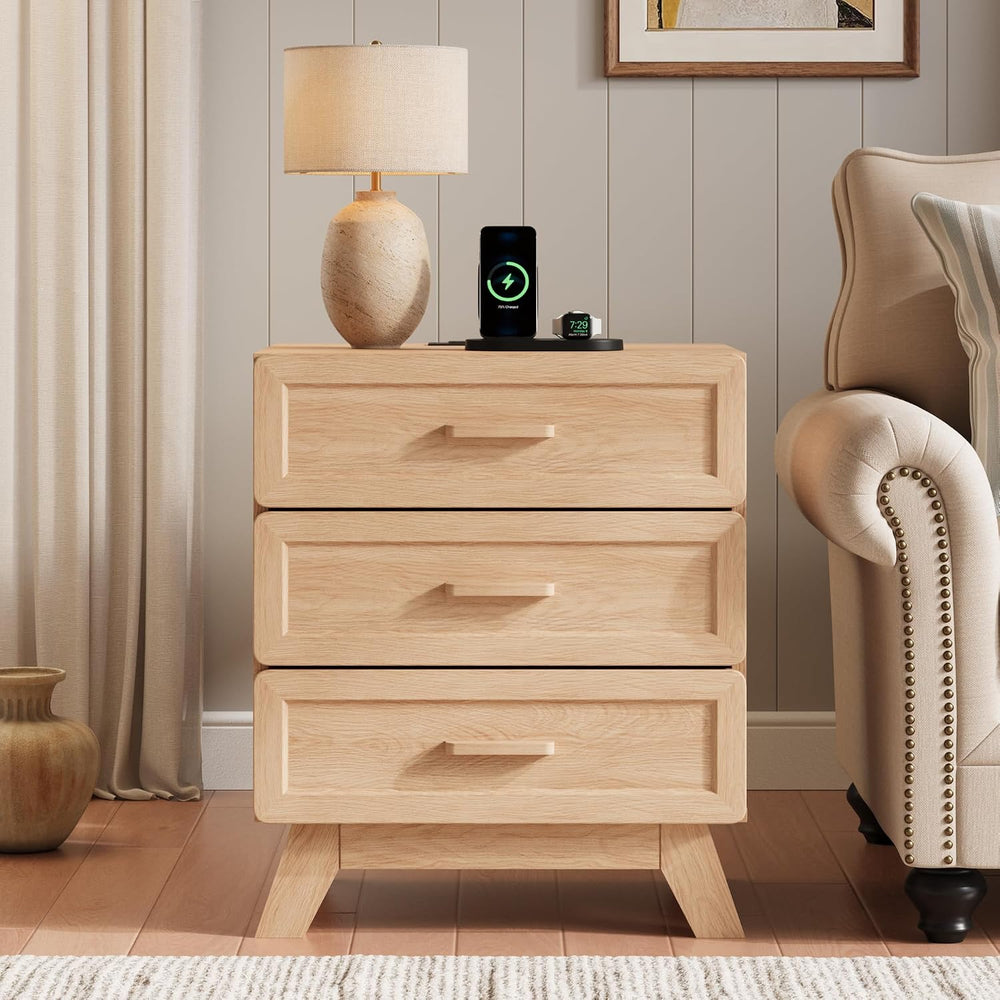 YANSNWO 23.6" Tall Nightstand with Charging Station, 3 Drawers, Natural