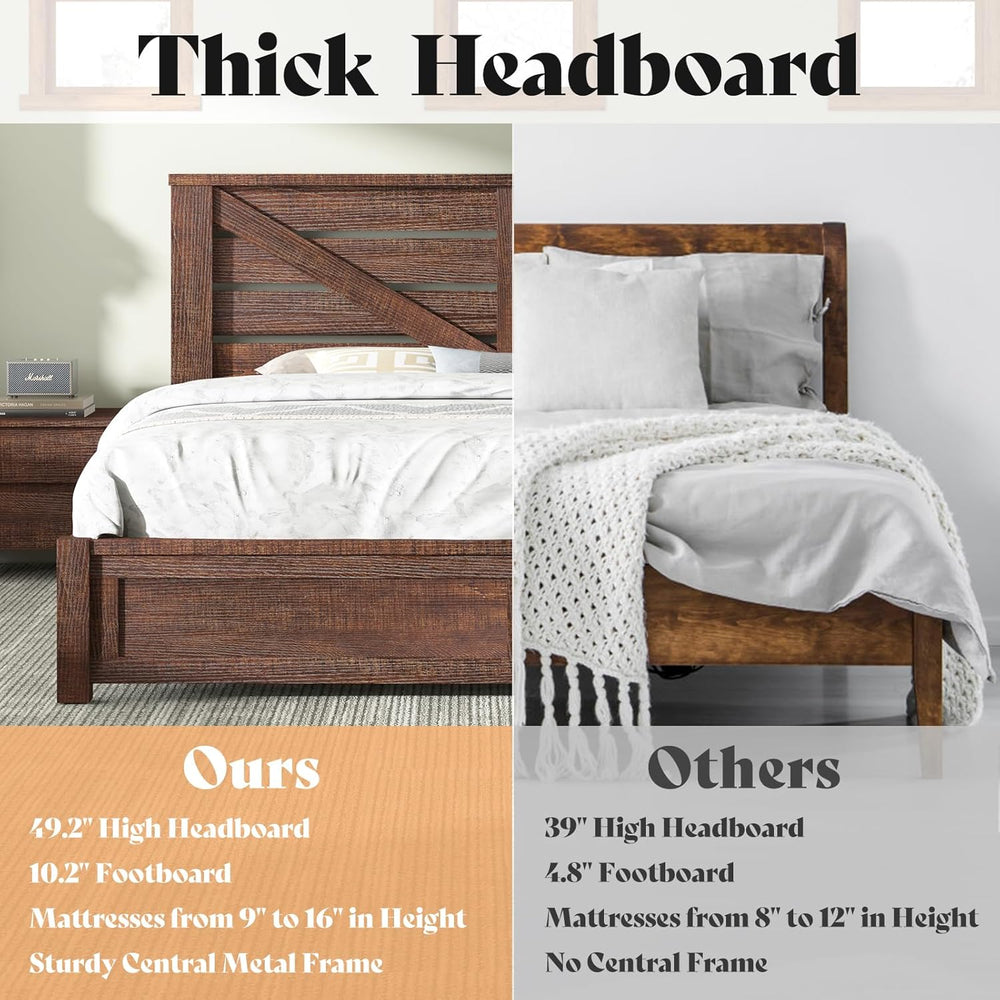 AMERLIFE Farmhouse Full Size Bed Frame with Barn Door Storage, Rustic Brown