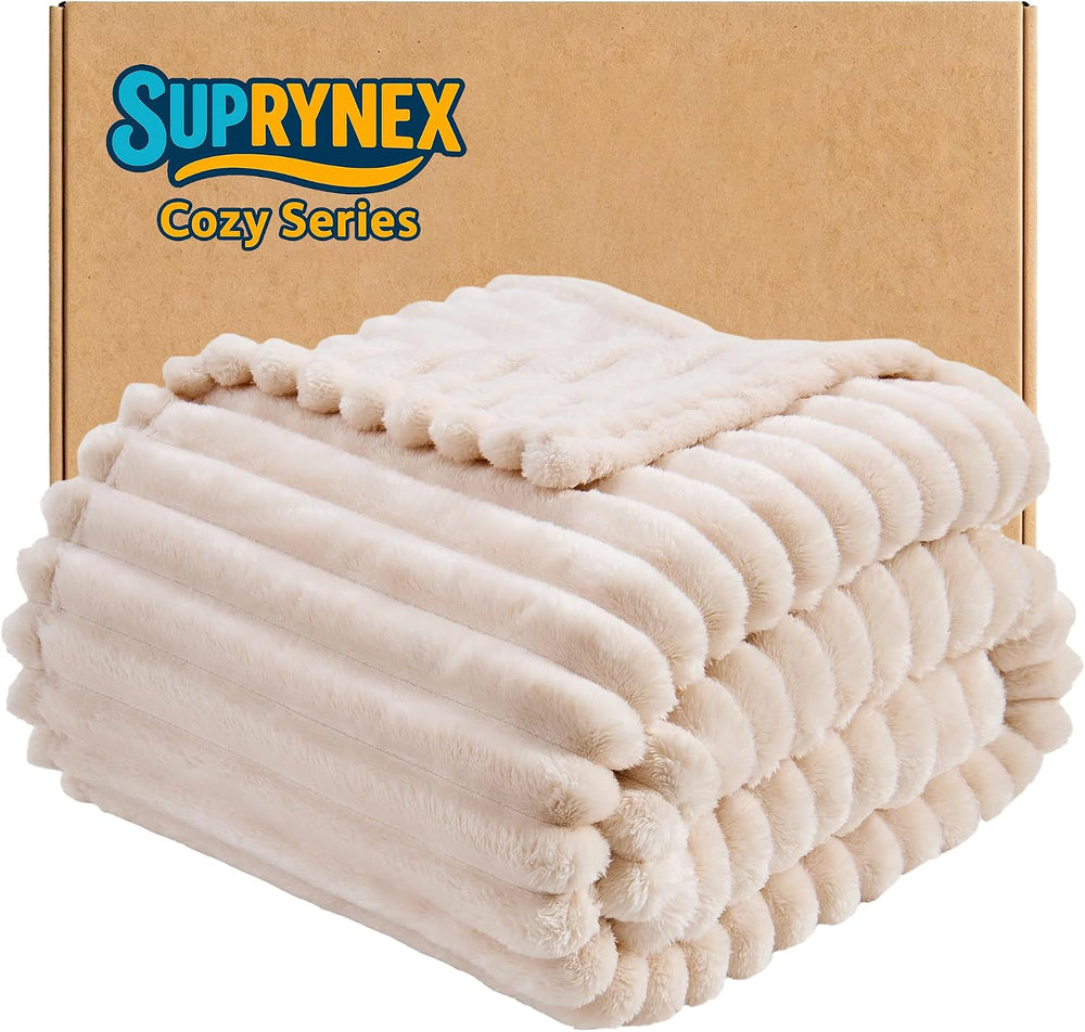 330GSM Ribbed Fleece Queen Blanket for Bed, Cream, 90"x90"
