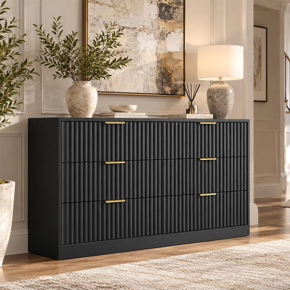 55" Wide Fluted Dresser for Bedroom with 6 Drawers, Black