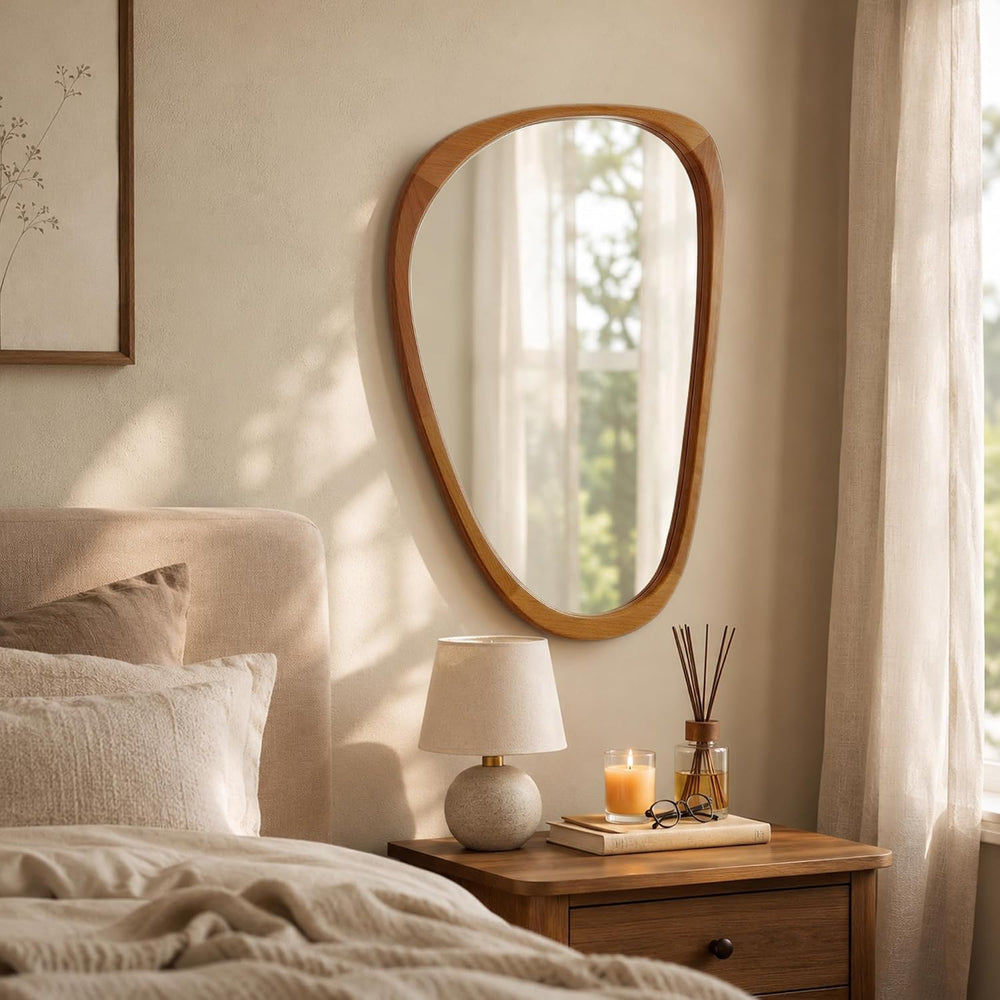 Solid Wood 30"x20" Warm Walnut Organic Irregular Wall Mirror Decor