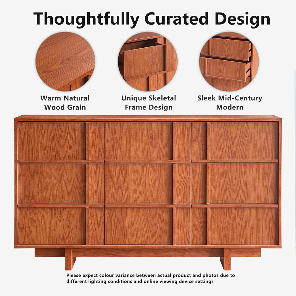 9 Drawer Dresser and Nightstand Set 3 Piece, Skeleton Line,Cherry