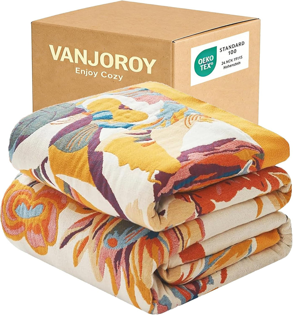 Boho Throw Blanket 100% Organic Cotton 60x80 for Bed Couch, Floral