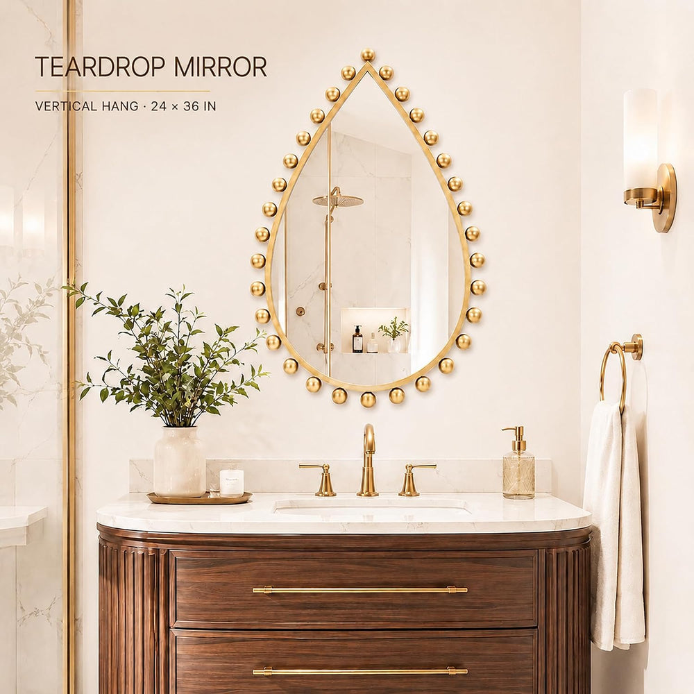 24x36 inch Teardrop Wall Mirror, Antique Gold Beaded Ball Frame