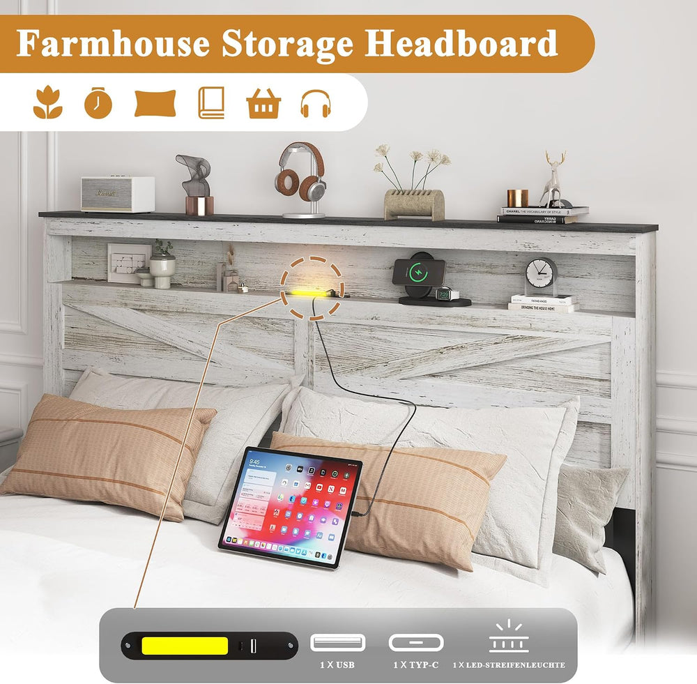 Full Size Farmhouse Wooden Bed Frame with Storage Headboard