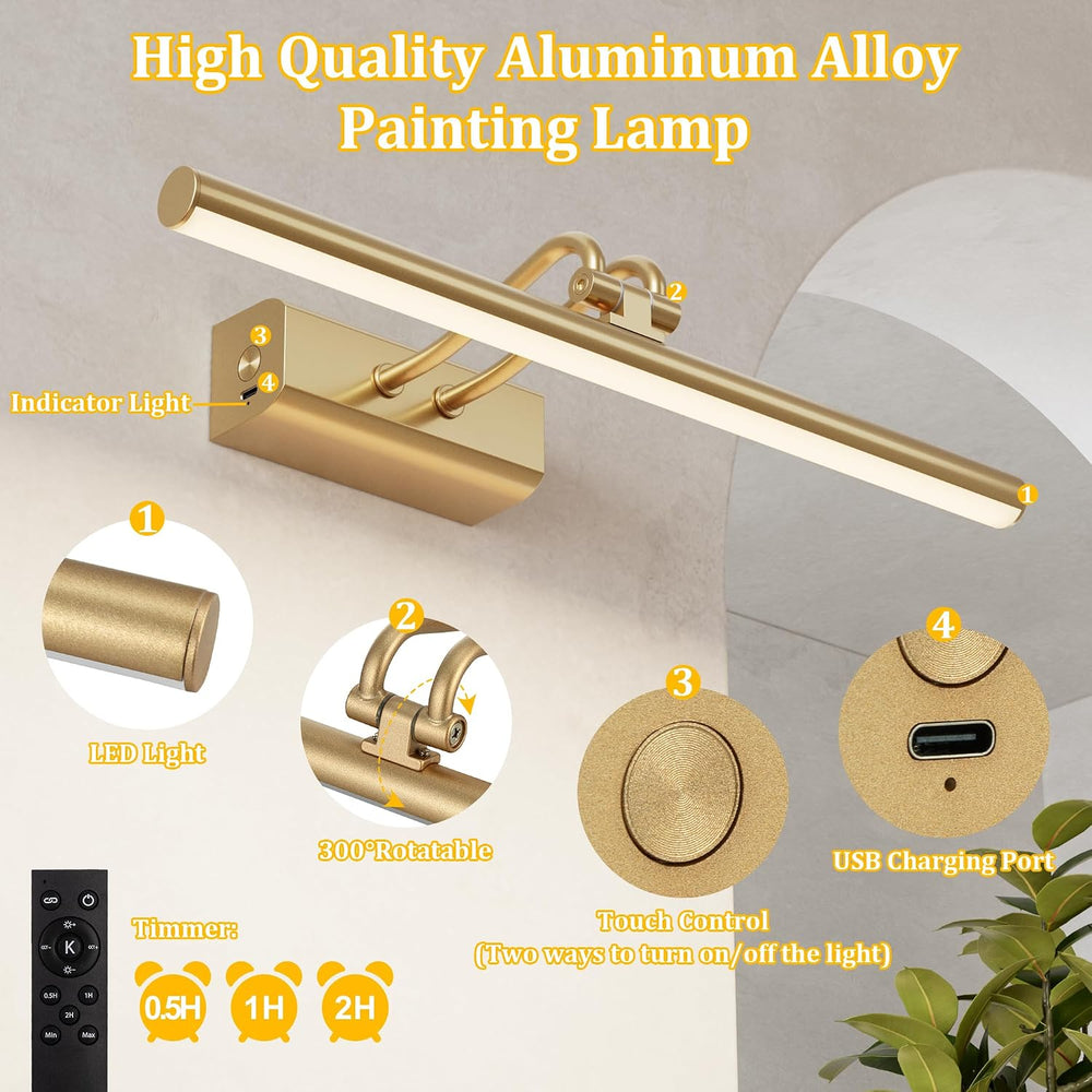 Picture Light for Wall, Gold, RF Remote, USB Charging