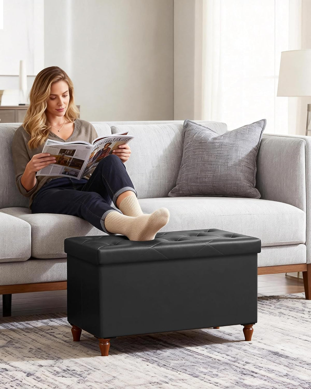 GLAXYFUR 30 Inches Ottoman with Storage, Folding Bench with Legs, Black | Fau...