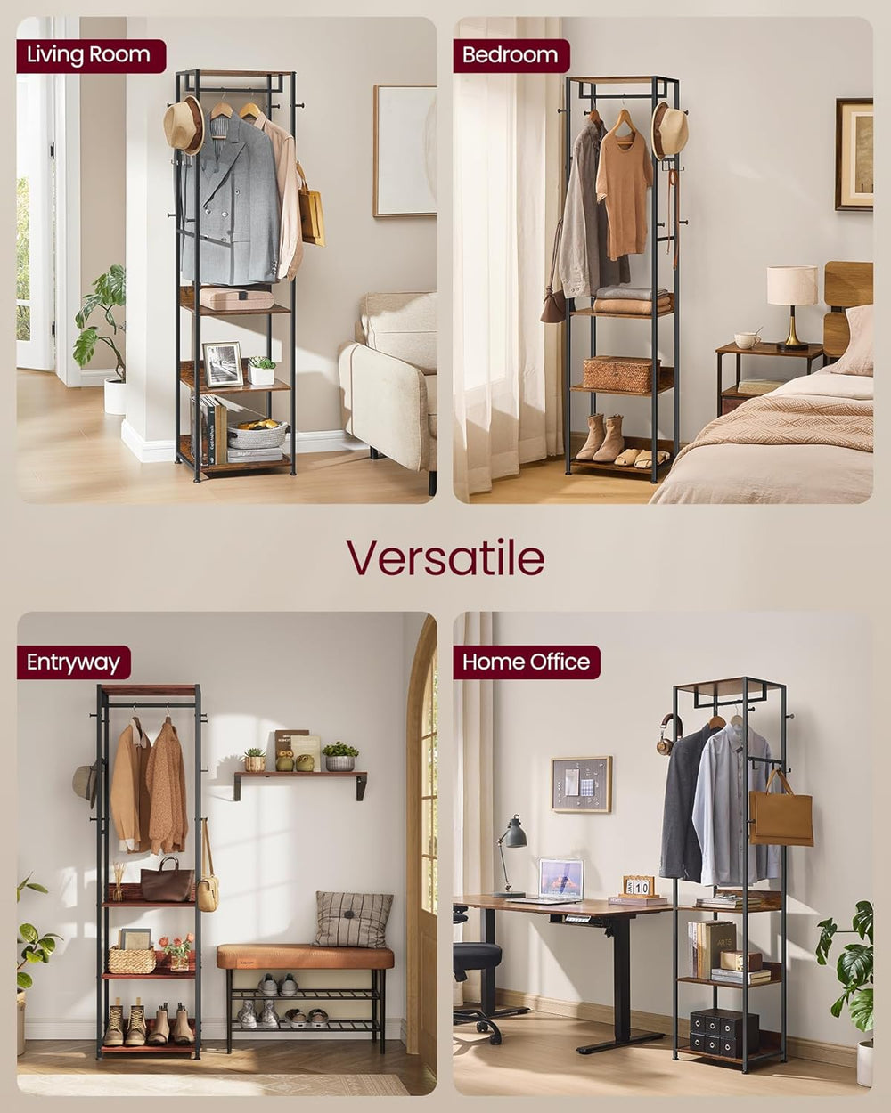 VASAGLE Coat Rack, Freestanding Hall Tree with Shelves, Hanging Rail, and Hoo...