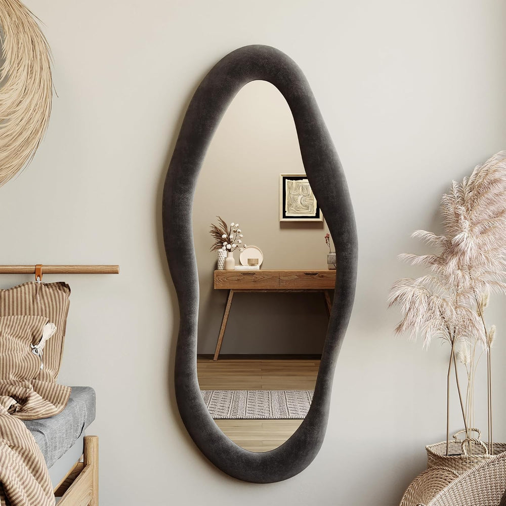 Honyee 55" x 24" Wavy Mirror, Flannel Wrapped Wooden Frame, Irregul...