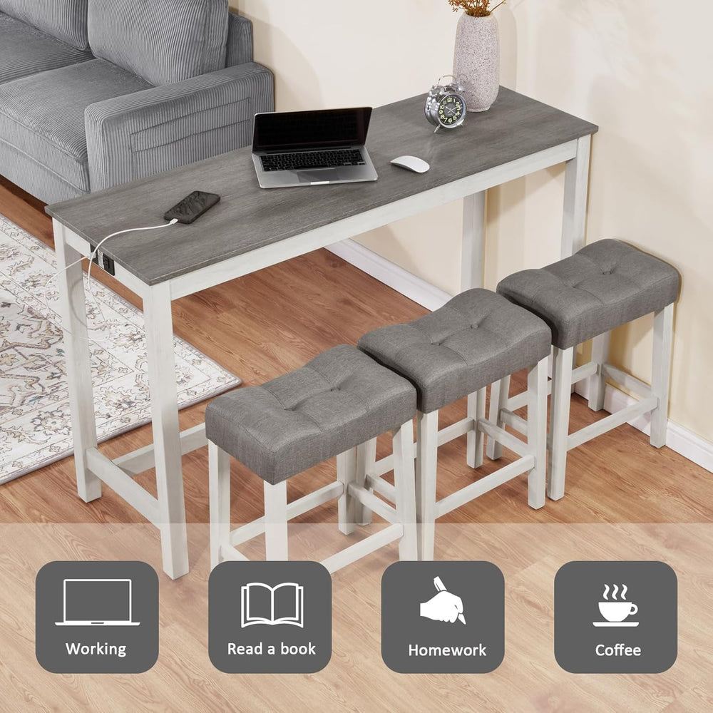 KEIKI 4-Piece Bar Table Set with Charging Ports, 59" Industrial Kitchen ...