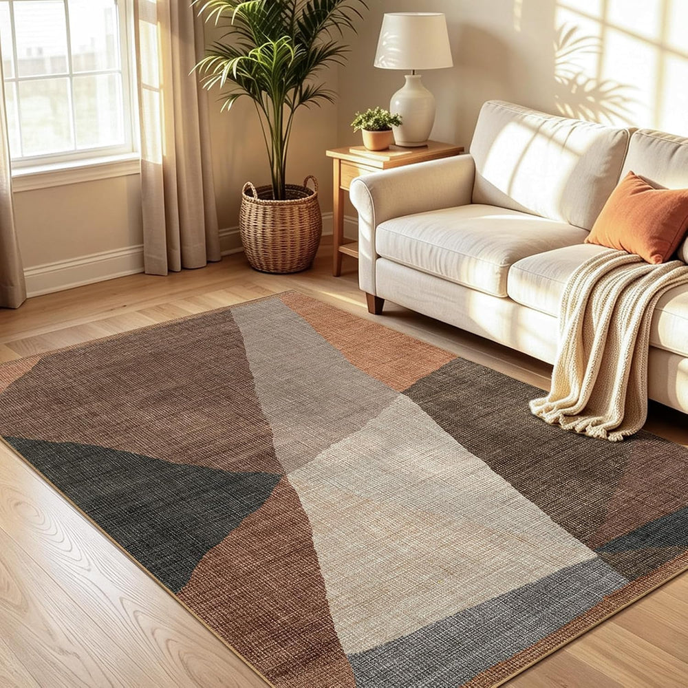 YIHOUSE Geometric Area Rug, Washable Non-Slip Low Pile, Brown, 5 x 7 ft