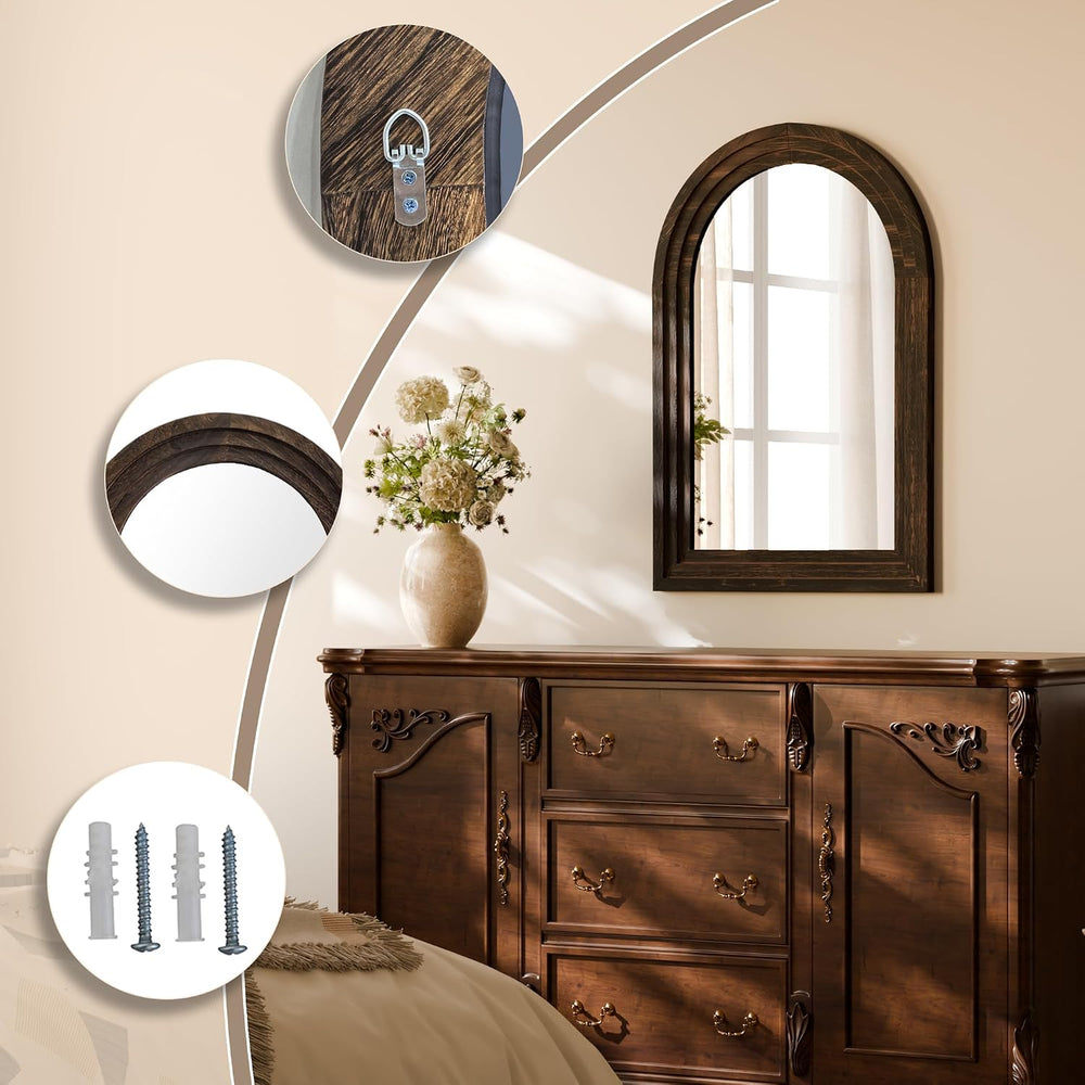 Arched Wall Mirror 24" x 36", Solid Wood Frame Bathroom Mirror, Walnut