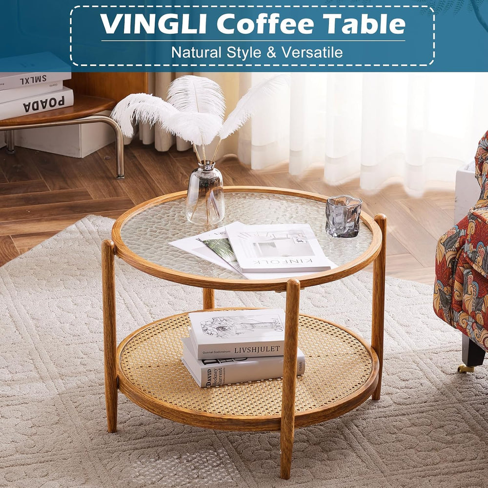 VINGLI 25.6" Round Glass Coffee Table, Rattan Coffee Table, Natural Vibe