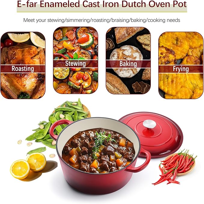 E-far Dutch Oven Pot with Lid, 5 Quart Enameled Cast Iron Round Dutch Oven