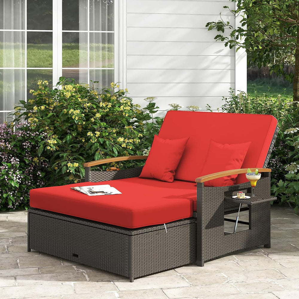 COSTWAY Patio Rattan Daybed, Outdoor Loveseat Sofa with Storage Ottoman