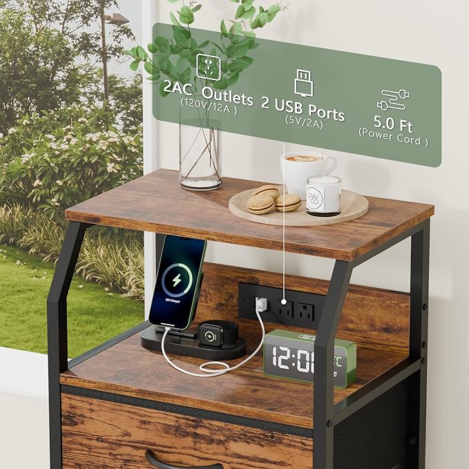 Furnulem Night Stand with Charging Station, USB Ports and Outlets, 28.3 Inch ...